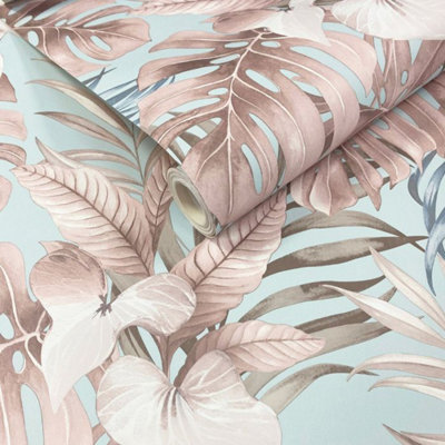 Muriva Teeva Jungle Leaf Duck Egg/Blush Flat Surface Washable Wallpaper ...