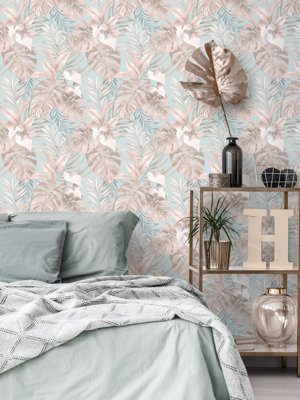 Muriva Teeva Jungle Leaf Duck Egg/Blush Flat Surface Washable Wallpaper ...