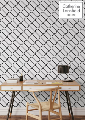 Muriva White/Black Geometric 3D effect Patterned Wallpaper DIY at B&Q