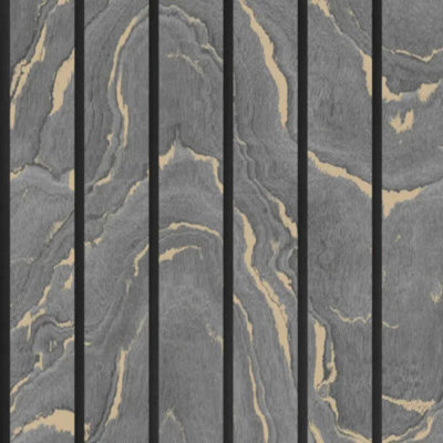 Muriva Woodgrain Panel Charcoal and Gold Metallic Luxury Wallpaper 193503
