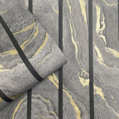 Muriva Woodgrain Panel Charcoal and Gold Metallic Luxury Wallpaper 193503