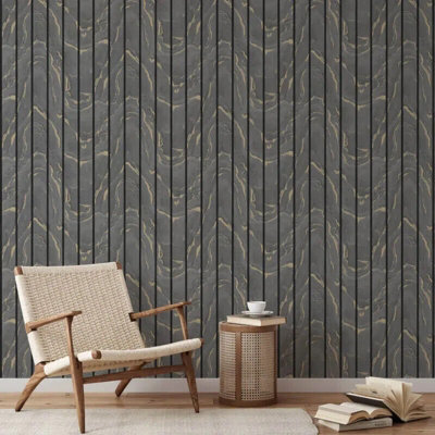 Muriva Woodgrain Panel Charcoal and Gold Metallic Luxury Wallpaper 193503