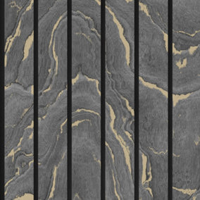 Muriva Woodgrain Panel Charcoal & Gold Wooden Slats Luxury Wallpaper 193503
