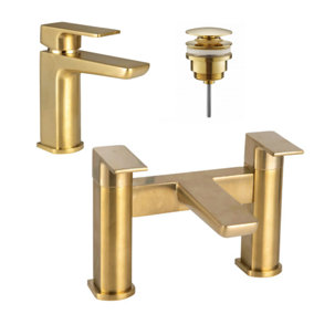 Muro Brushed Brass Basin Mixer Tap & Bath Filler Tap Set