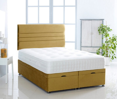 Mustard Plush Foot Lift Ottoman Bed With Memory Spring Mattress And  Horizontal Headboard 4.0FT Small Double