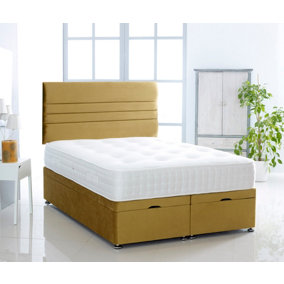 Mustard Plush Foot Lift Ottoman Bed With Memory Spring Mattress And  Horizontal Headboard 4.0FT Small Double