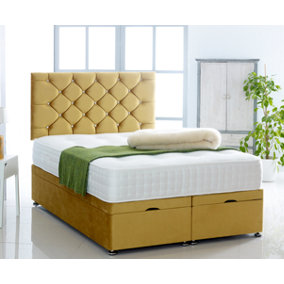 Mustard Plush Foot Lift Ottoman Bed With Memory Spring Mattress And  Studded Headboard 2FT6 Small Single