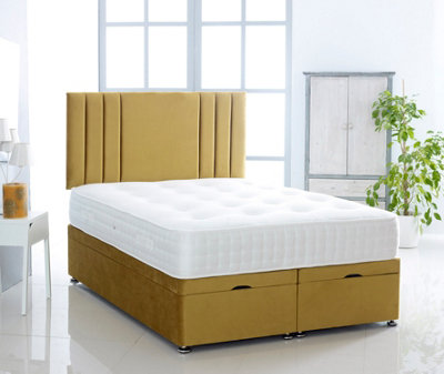Mustard Plush Foot Lift Ottoman Bed With Memory Spring Mattress And  Vertical  Headboard 5.0FT King Size