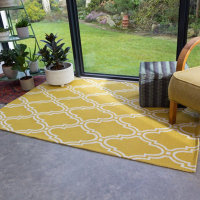 Mustard Yellow Modern Trellis Recycled Cotton Rug 160x230cm