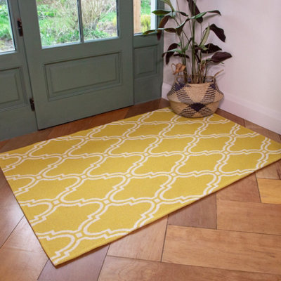 Mustard Yellow Modern Trellis Recycled Cotton Rug 80x150cm