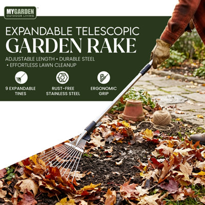 My Garden Rake Telescopic Adjustable Leaf Rake Metal Lawn Rakes with 9 ...