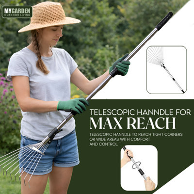 My Garden Rake Telescopic Adjustable Leaf Rake Metal Lawn Rakes with 9 ...