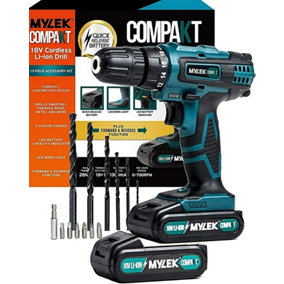 MYLEK 18V Cordless Drill Driver with Two Li-ion  Batteries And UK Charger,  Screwdriver Action And Accessory Kit