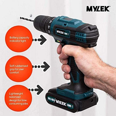 MYLEK 18V Cordless Drill Driver with Two Li-ion  Batteries And UK Charger,  Screwdriver Action And Accessory Kit