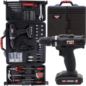MYLEK 18V Cordless Li-ion Drill And 130 Piece DIY  Home Kit With Carry Case