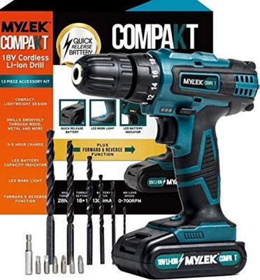 MYLEK 18V Cordless Li ion Drill And Screwdriver Set With 13 Piece Accessory Kit