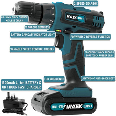 Mylek 18V Cordless Li Ion Drill With Accessory Kit and Carry Case