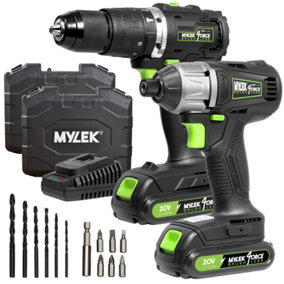 Mylek 20V Li-ion Cordless Drill & Impact Driver Brushless Combo Set with LED Light, 2000Ah Batteries and Fast Chargers, Forward An