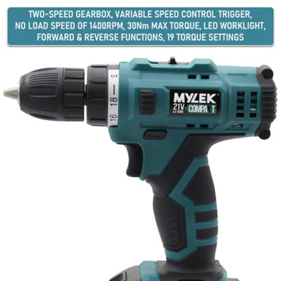 MYLEK 21V Cordless Drill With Two Li-ion Batteries And 29 Piece Accessory Set