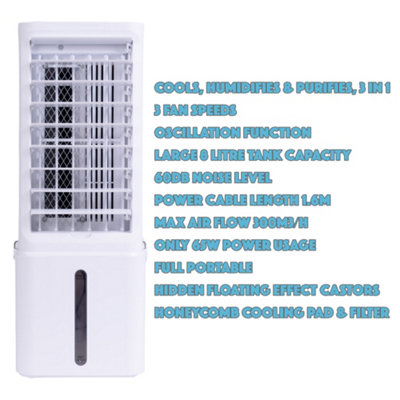 MYLEK Air Cooler Portable, 65W, 8ltr Evaporative Electric Humidifier, Mobile Air Purifier With Oscillating Louvres