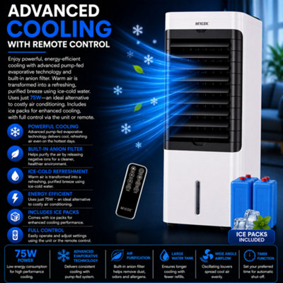 MYLEK Air Cooler Portable Evaporative Fan 75W Large 6L Water Tank ...