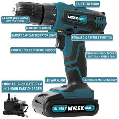 MYLEK BMC Cordless Drill with MYLEK 4ORCE 56 Piece Accessory Kit - 4