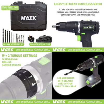 Mylek Cordless Drill 20V Brushless Driver Impact Hammer Action Combi Set with 128 Piece Accessory Set