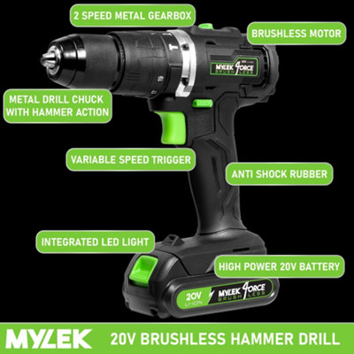 Mylek Cordless Drill 20V Brushless Driver Impact Hammer Action Combi Set with 204 Piece Accessory Set
