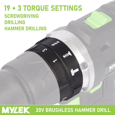 Mylek Cordless Li-ion Drill 20V Brushless Driver Impact Hammer Action Combi Set with 2.0Ah Battery And Fast Charger - 4