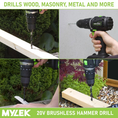 Mylek Cordless Li-ion Drill 20V Brushless Driver Impact Hammer Action Combi Set with 2.0Ah Battery And Fast Charger - 6