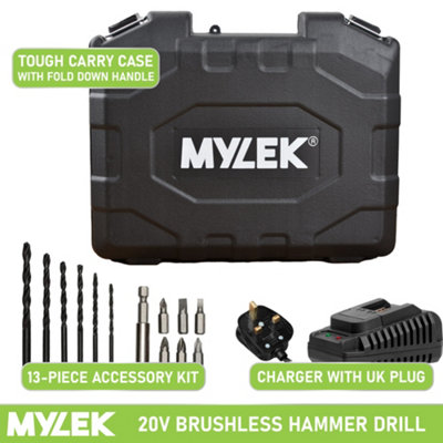 Mylek Cordless Li-ion Drill 20V Brushless Driver Impact Hammer Action Combi Set with 2.0Ah Battery And Fast Charger - 7