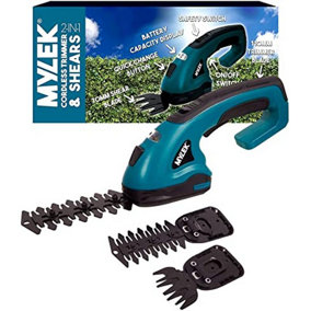 MYLEK Handheld Cordless Hedge Trimmer and Grass Shears with 2 Blades and Blade Guards, Safety Switch & Battery Display