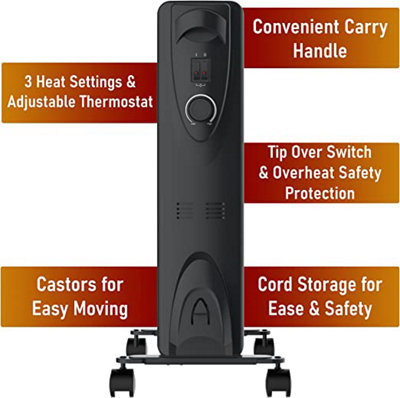 MYLEK Oil Filled 2500w Heater Radiator Thermostat 3 Heat Settings Charcoal Grey - 3