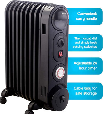 Mylek Oil Filled Radiator Electric Heater, Portable, Thermostat and 24hr Timer, Black