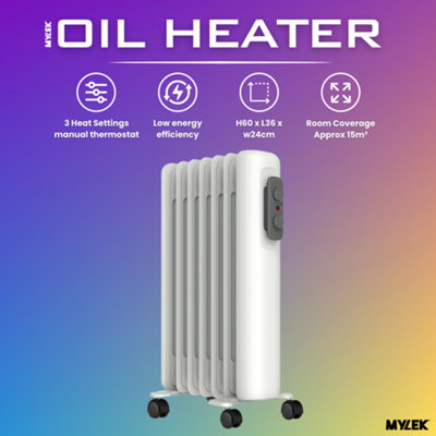 Mylek Oil Filled Radiator Electric Heater Portable With Adjustable Thermostat - White 2000w
