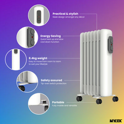 Mylek Oil Filled Radiator Electric Heater Portable With Adjustable Thermostat - White 2000w - 3