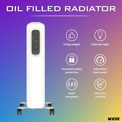 Mylek Oil Filled Radiator Electric Heater Portable With Adjustable Thermostat - White 2500w
