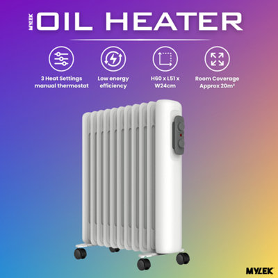 Mylek Oil Filled Radiator Electric Heater Portable With Adjustable Thermostat - White 2500w - 3