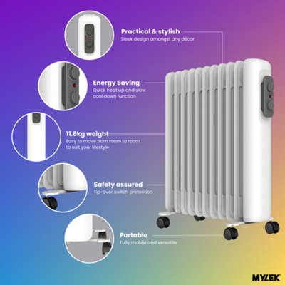 Mylek Oil Filled Radiator Electric Heater Portable With Adjustable Thermostat - White 2500w - 6
