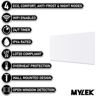 MYLEK Panel Space Heater White 2KW Eco, Smart and WiFi App Slimline Low ...