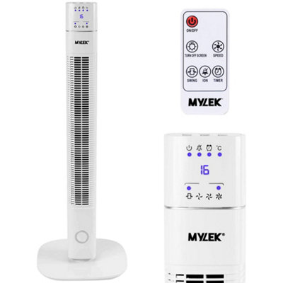 MYLEK Tower Fan 36-Inch Oscillating Electric Stand Cooler with Remote  Control, 12 Hour Timer and Ioniser - White | DIY at Bu0026Q