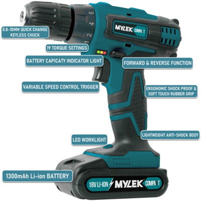 MYLEK VCB Cordless Drill with MYLEK 4ORCE 56 Piece Accessory Kit - 4