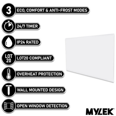 MYLEK Electric Panel Heater - Wall Mounted Or Free Standing - Eco