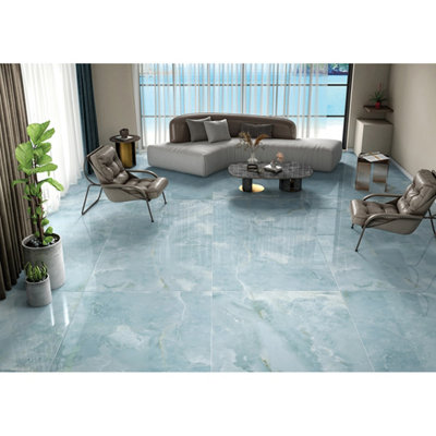 Mystic Aqua Blue Onyx Large 600mm x 1200mm Wall and Floor Tiles (Pack of 2 with coverage of 1.44m2)