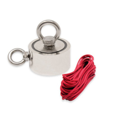 N42 Neodymium Pot Magnet with 1x M10 & 1x M8 Eyebolt & 10m Rope for Magnet Fishing & Treasure Hunting - 75mm x 25mm - 200kg Pull