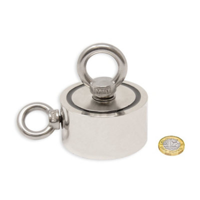 N42 Neodymium Pot Magnet with 1x M10 & 1x M8 Eyebolt for Magnet Fishing, Recovery & Treasure Hunting - 75mm x 25mm - 200kg Pull