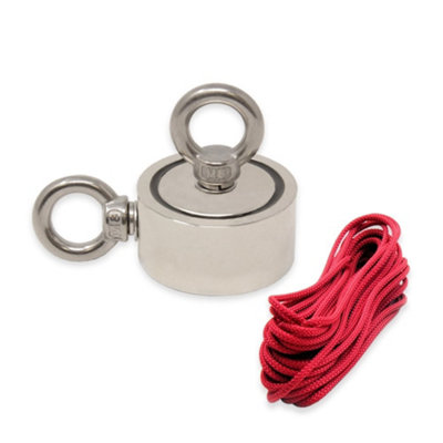 N42 Neodymium Pot Magnet with 2x M8 Eyebolts & 10m Rope for Magnet Fishing, Recovery & Treasure Hunting - 60mm x 22mm - 120kg Pull