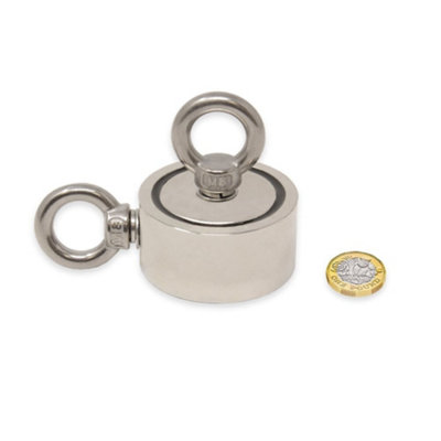 N42 Neodymium Pot Magnet with 2x M8 Eyebolts & 10m Rope for Magnet Fishing, Recovery & Treasure Hunting - 60mm x 22mm - 120kg Pull