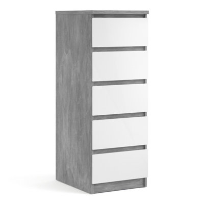 Naia Narrow Chest of 5 Drawers in Concrete and White High Gloss