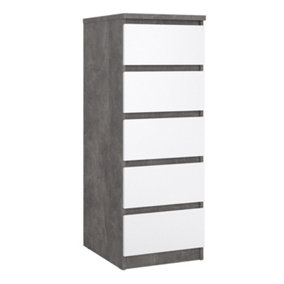 Naia Narrow Chest of 5 Drawers in Concrete and White High Gloss